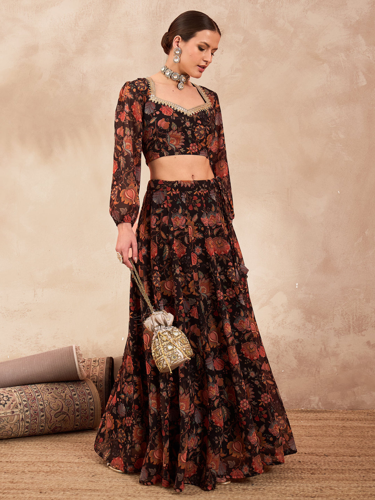Black Floral Sweetheart Neck Crop Top With Anarkali Skirt-Shae by SASSAFRAS