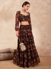 Black Floral Sweetheart Neck Crop Top With Anarkali Skirt-Shae by SASSAFRAS