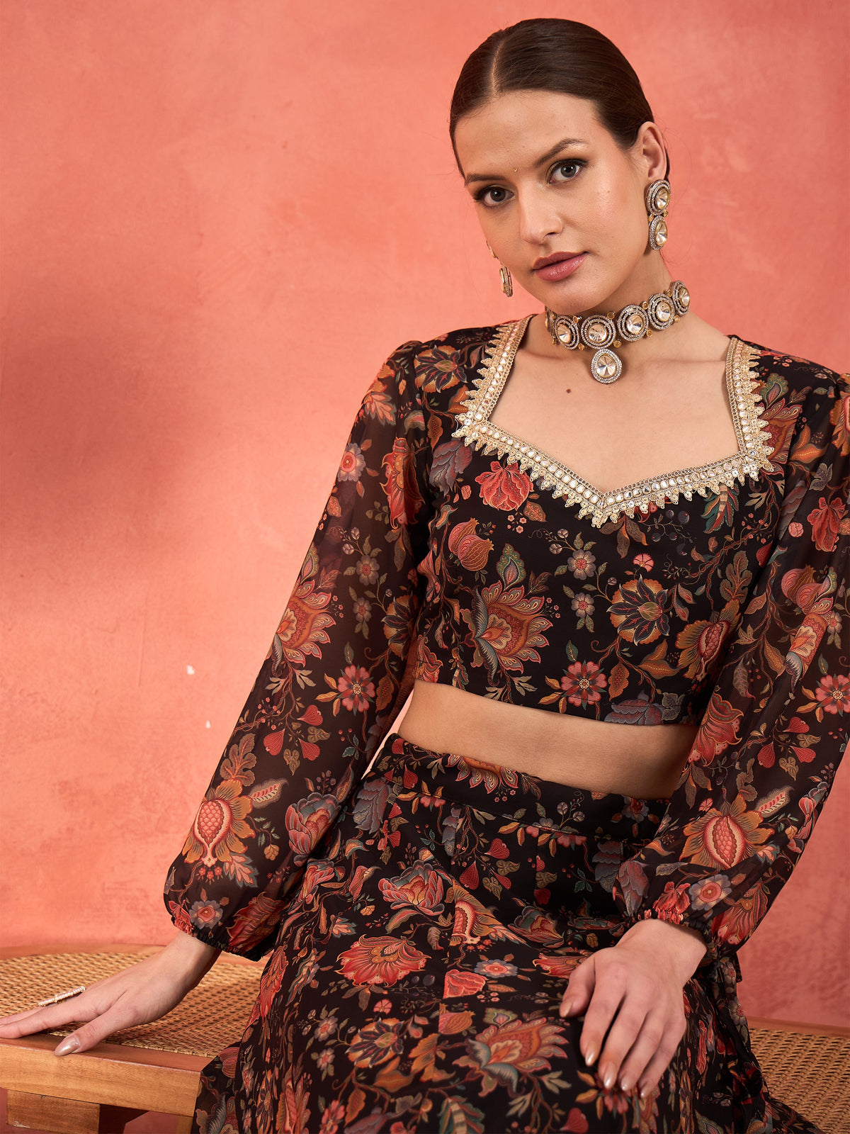 Black Floral Sweetheart Neck Crop Top With Anarkali Skirt-Shae by SASSAFRAS