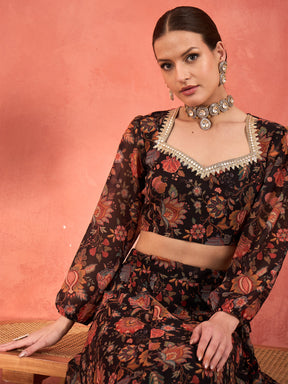 Black Floral Sweetheart Neck Crop Top With Anarkali Skirt-Shae by SASSAFRAS