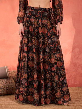 Black Floral Sweetheart Neck Crop Top With Anarkali Skirt-Shae by SASSAFRAS