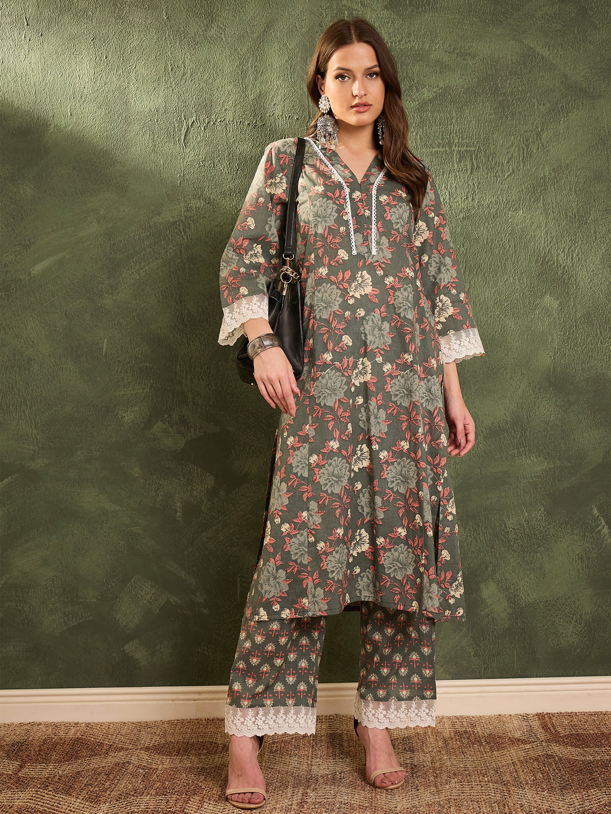 Green Floral V Neck Lace kurta With Pants-Shae by SASSAFRAS