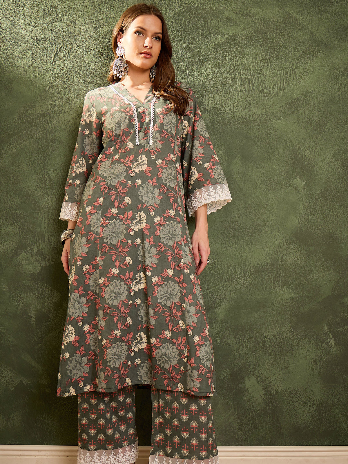 Green Floral V Neck Lace kurta With Pants-Shae by SASSAFRAS