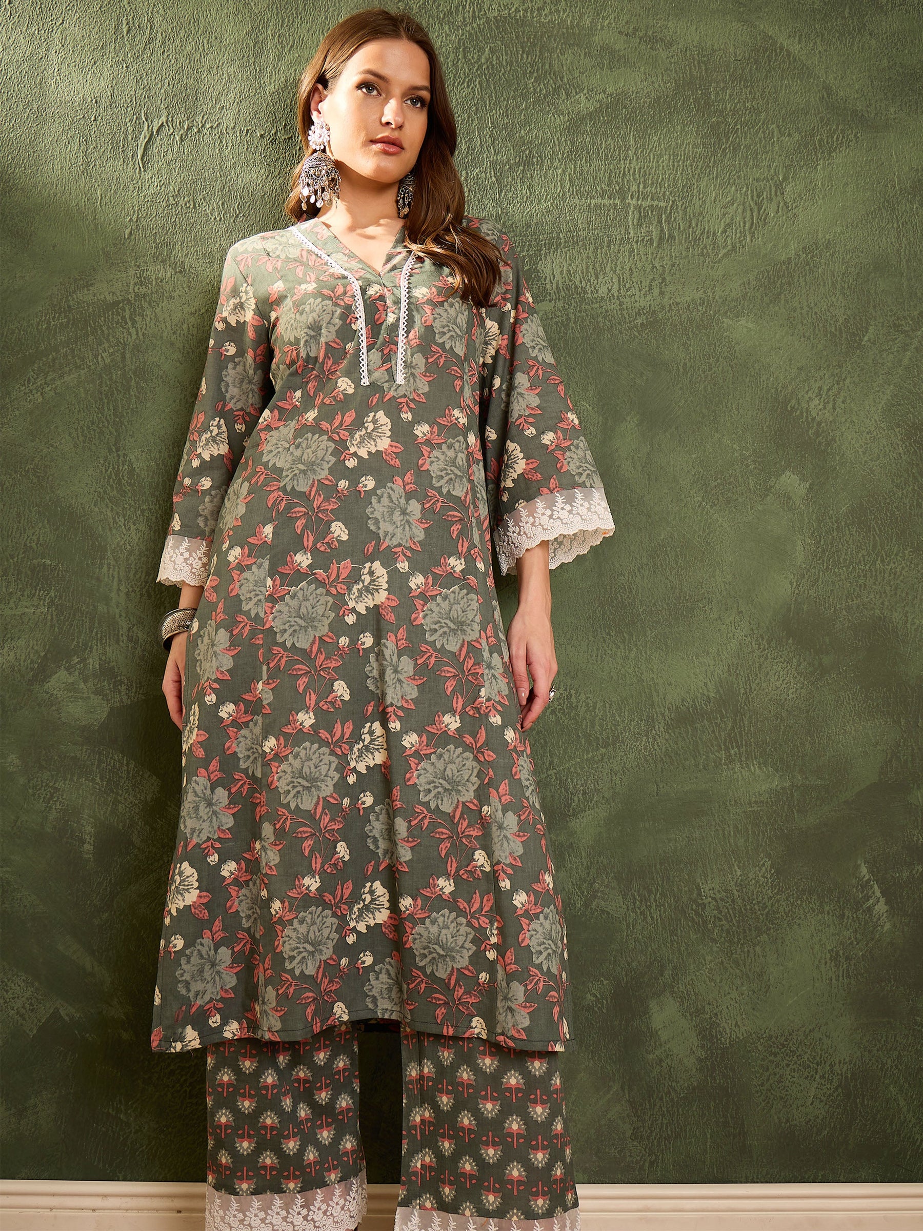 Green Floral V Neck Lace kurta With Pants-Shae by SASSAFRAS