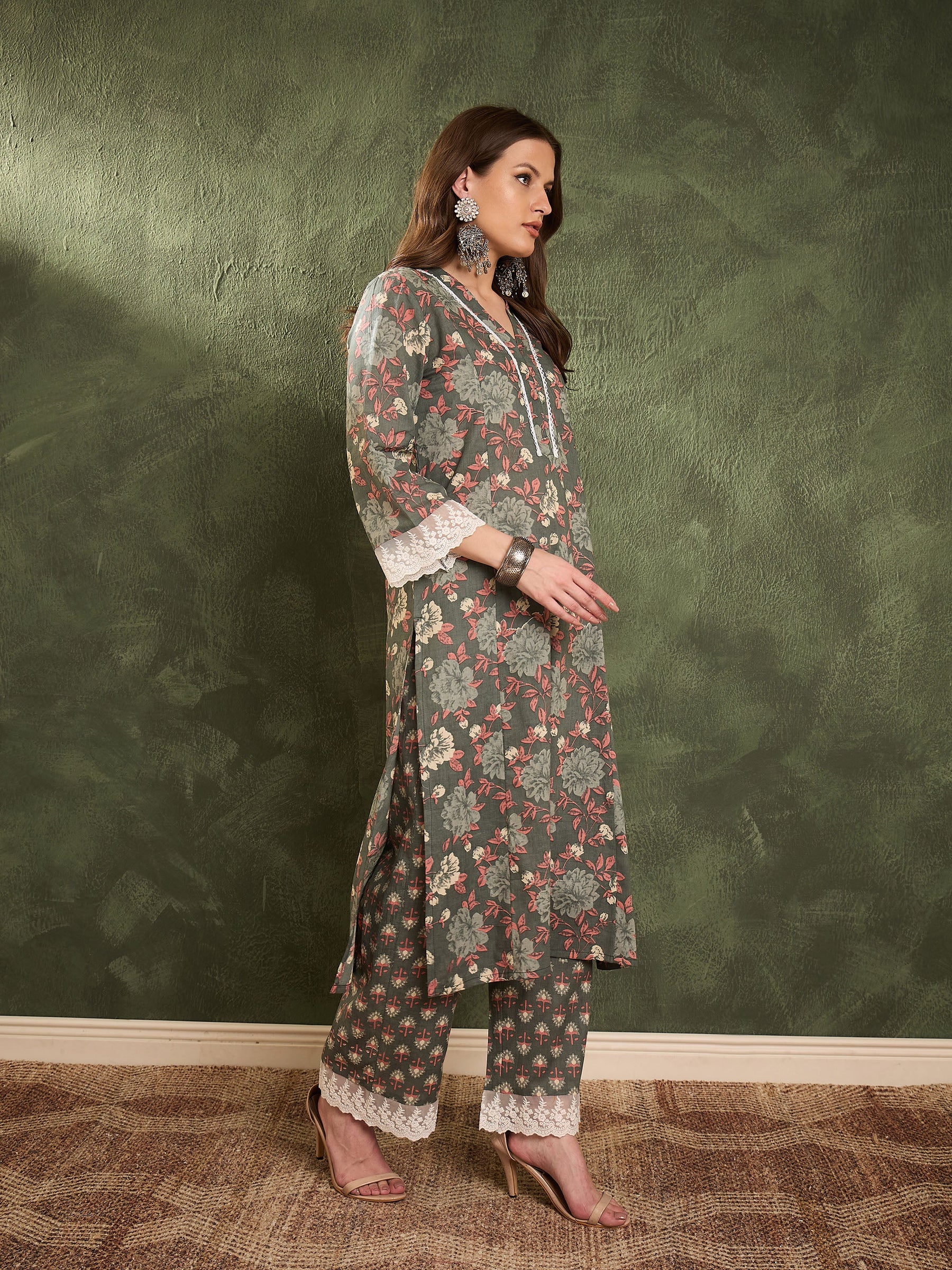Green Floral V Neck Lace kurta With Pants-Shae by SASSAFRAS