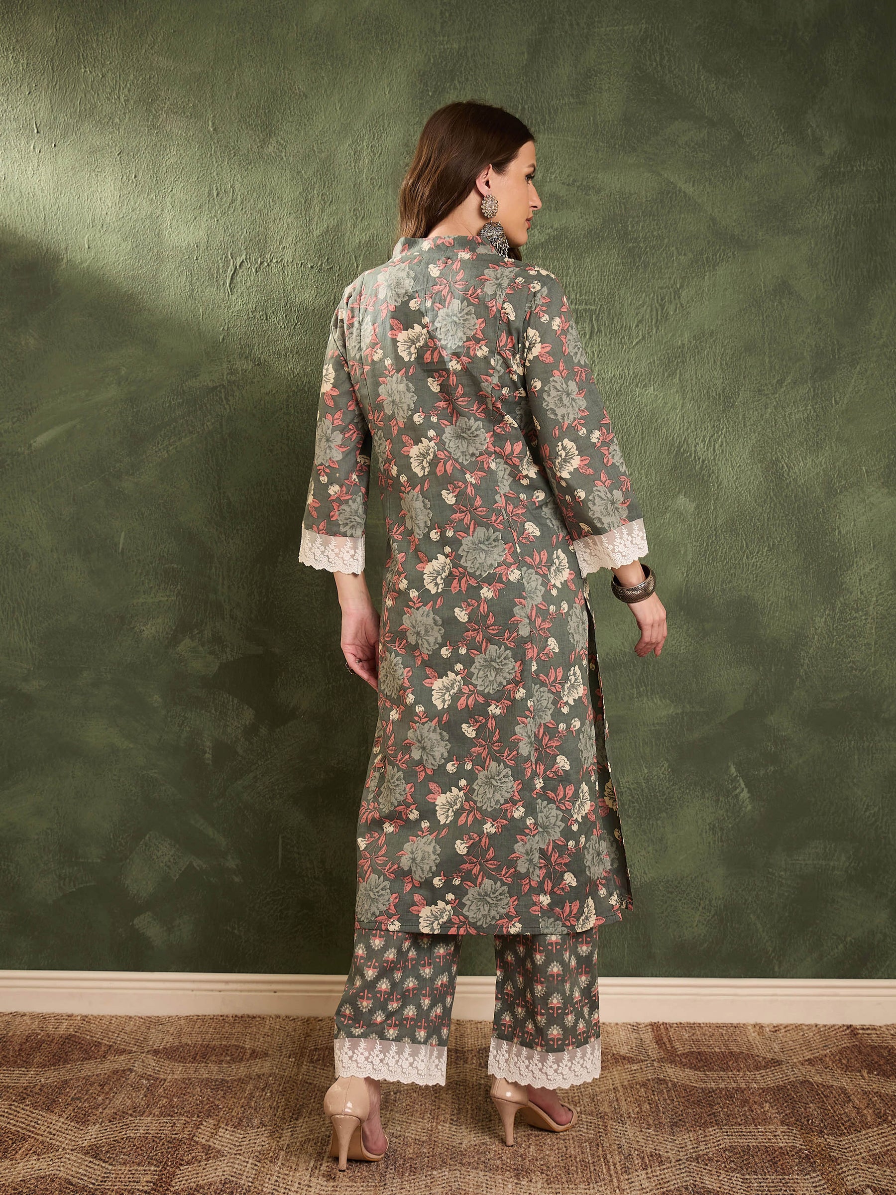 Green Floral V Neck Lace kurta With Pants-Shae by SASSAFRAS