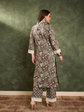 Green Floral V Neck Lace kurta With Pants-Shae by SASSAFRAS