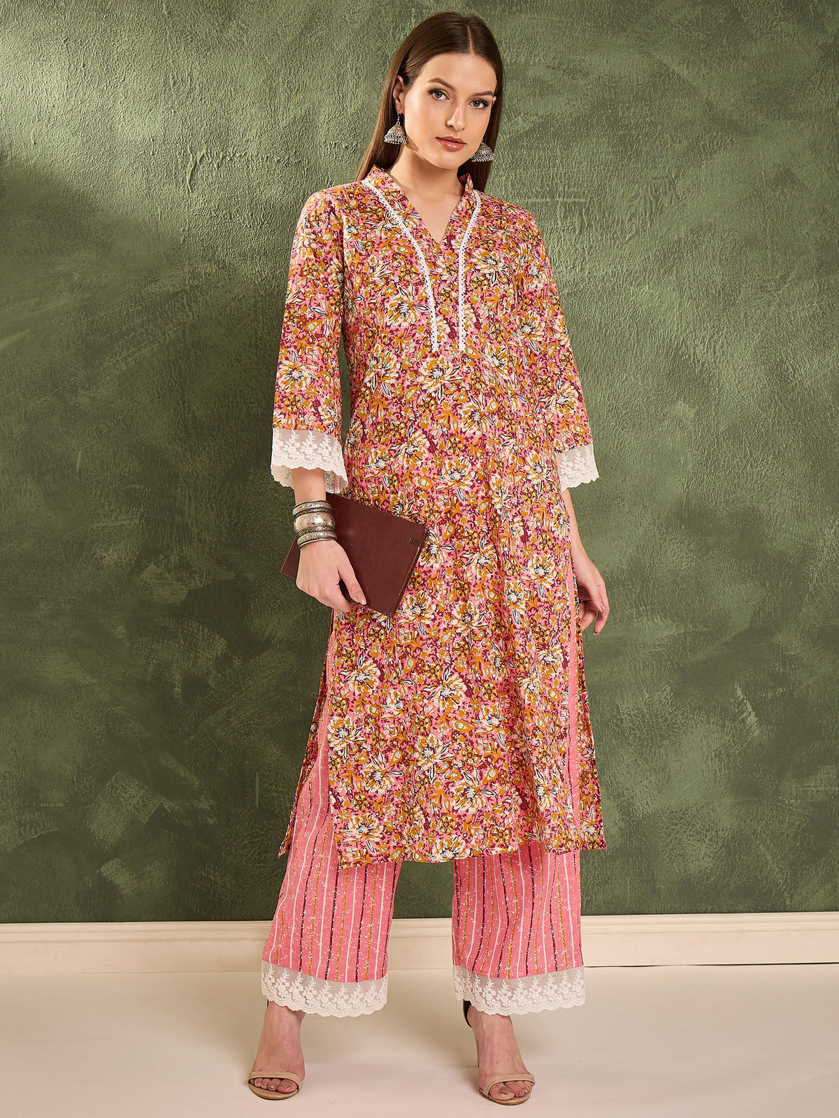 Pink Floral V Neck Lace Kurta With Pants -Shae by SASSAFRAS