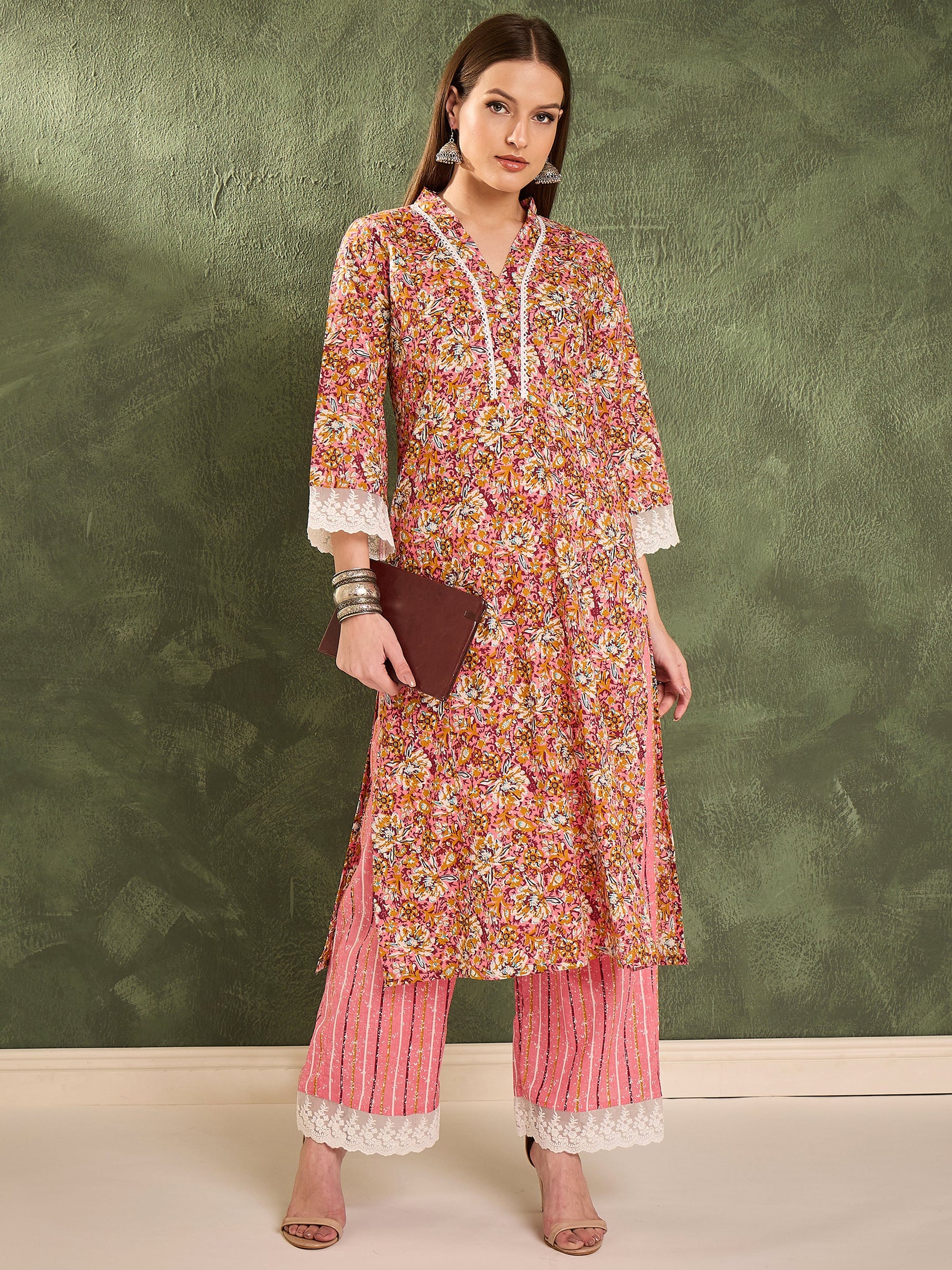 Pink Floral V Neck Lace Kurta With Pants -Shae by SASSAFRAS