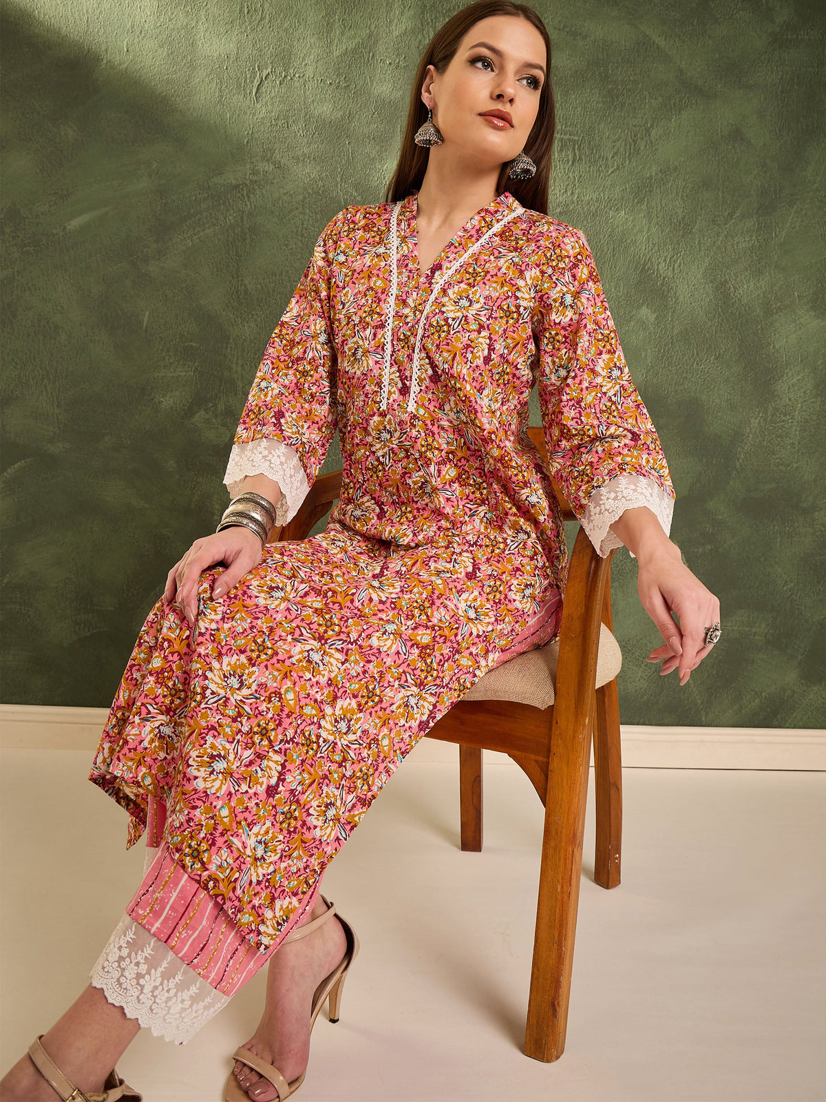 Pink Floral V Neck Lace Kurta With Pants -Shae by SASSAFRAS
