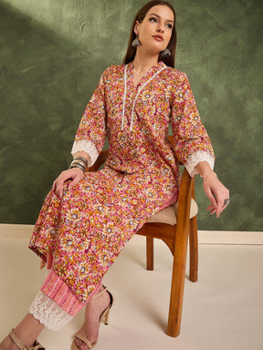 Pink Floral V Neck Lace Kurta With Pants -Shae by SASSAFRAS