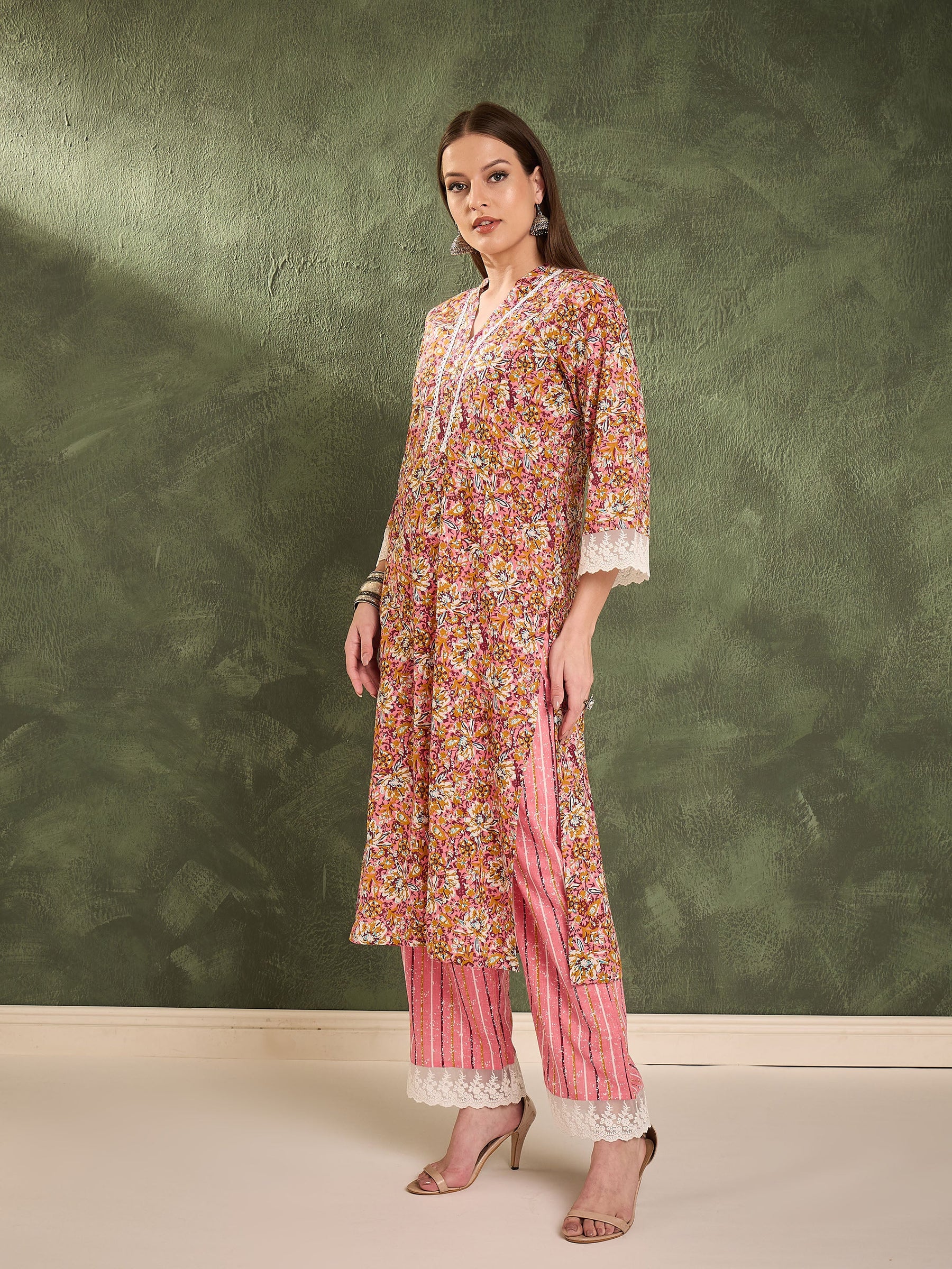 Pink Floral V Neck Lace Kurta With Pants -Shae by SASSAFRAS