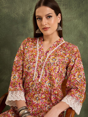 Pink Floral V Neck Lace Kurta With Pants -Shae by SASSAFRAS