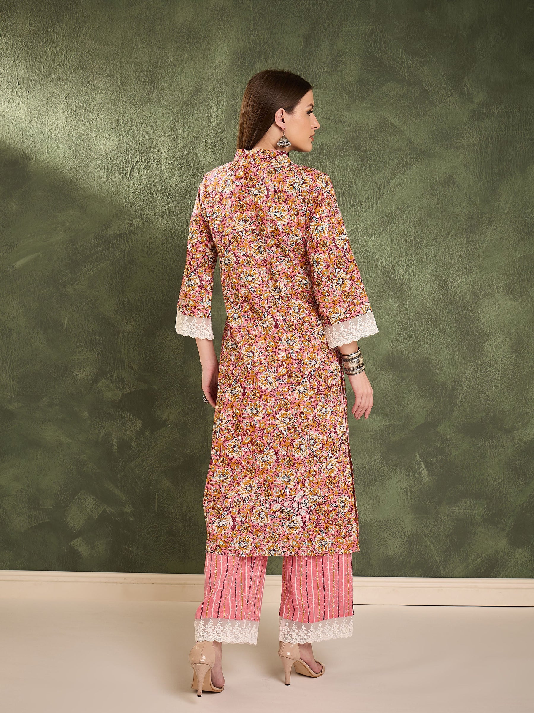 Pink Floral V Neck Lace Kurta With Pants -Shae by SASSAFRAS