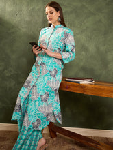 Aqua Blue Floral Wood Button Kurta With Pants -Shae by SASSAFRAS