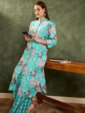 Aqua Blue Floral Wood Button Kurta With Pants -Shae by SASSAFRAS
