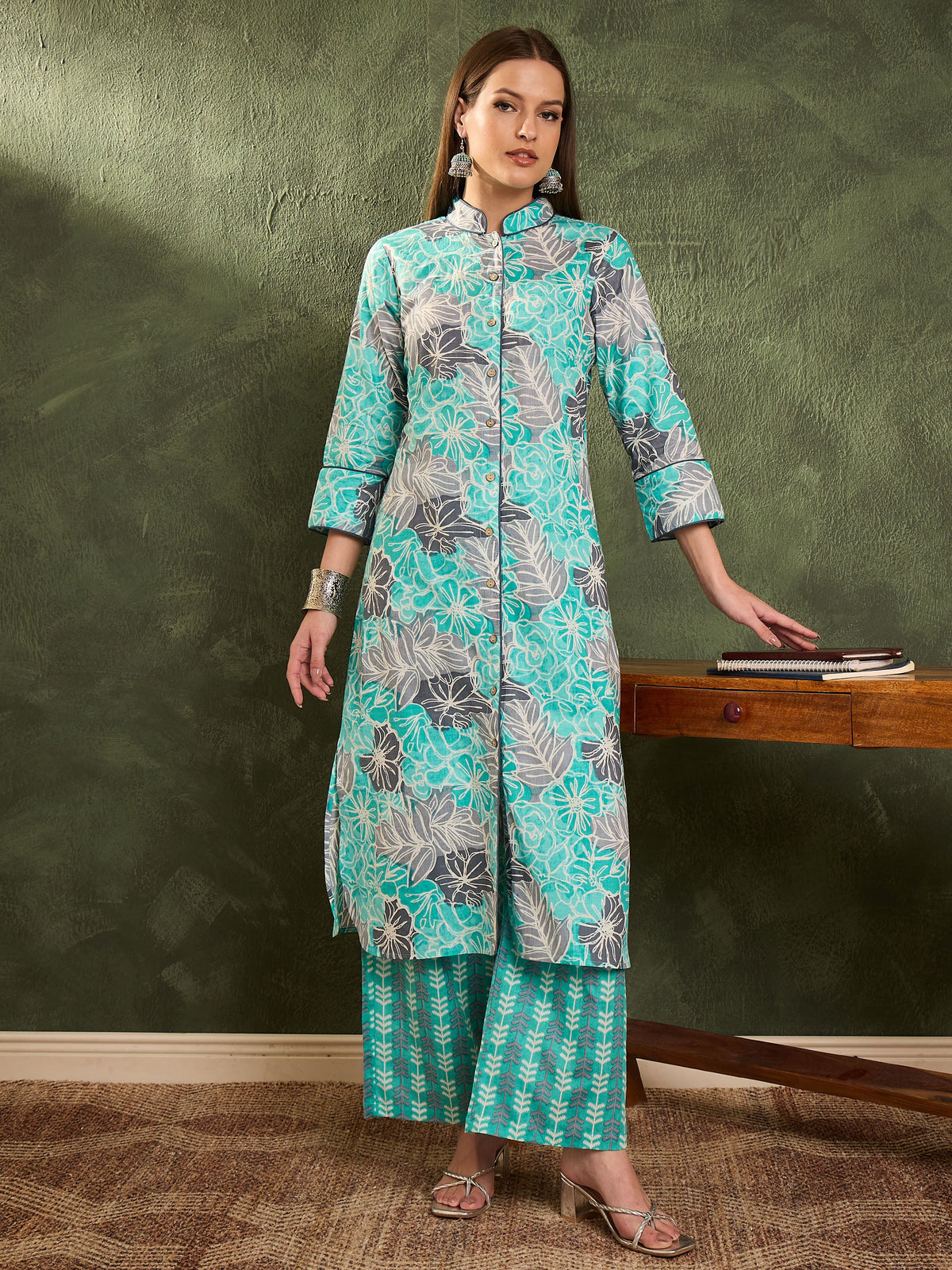 Aqua Blue Floral Wood Button Kurta With Pants -Shae by SASSAFRAS