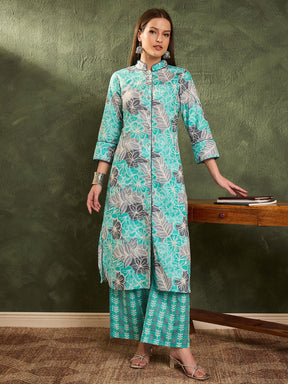 Aqua Blue Floral Wood Button Kurta With Pants -Shae by SASSAFRAS