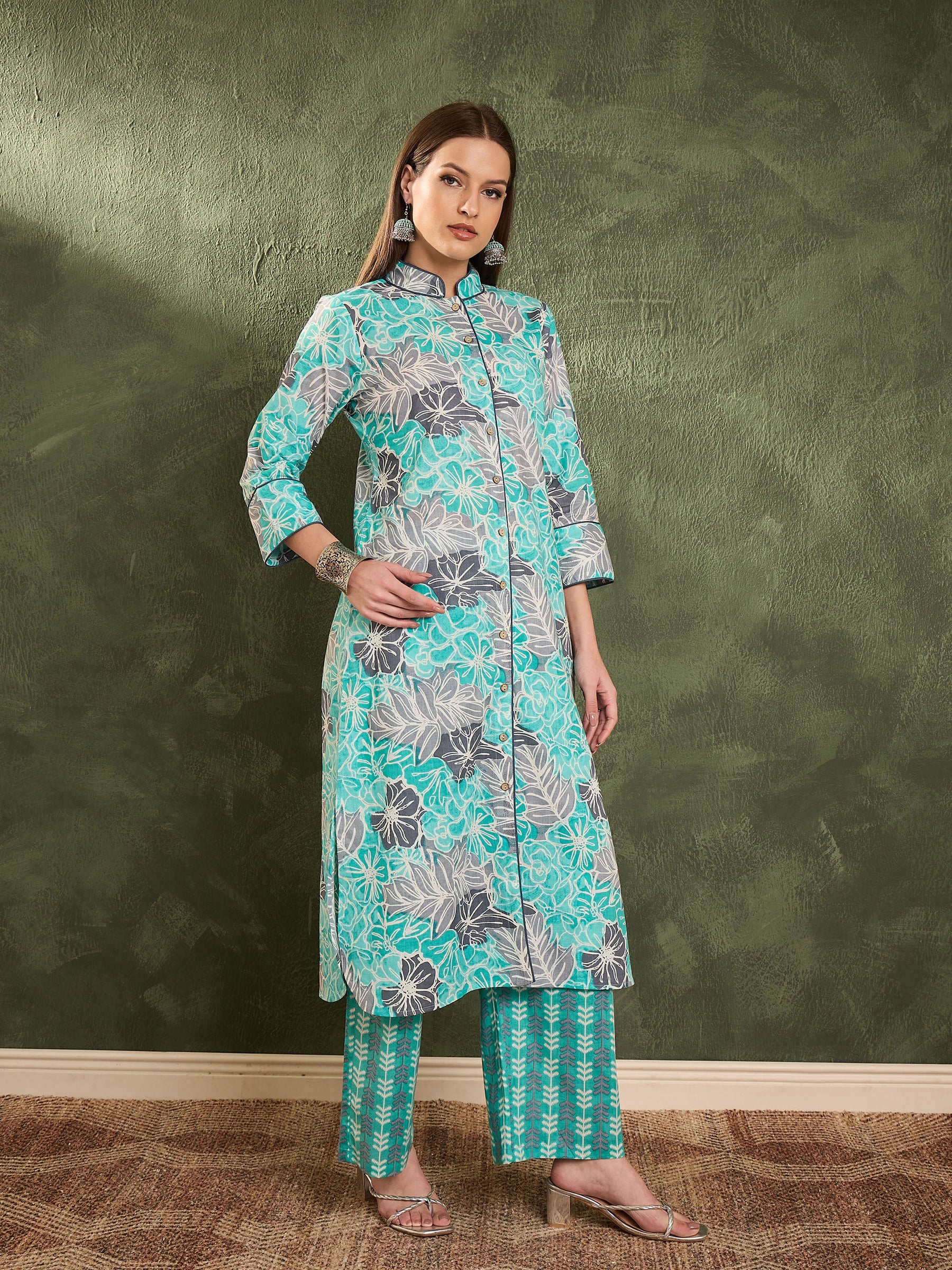 Aqua Blue Floral Wood Button Kurta With Pants -Shae by SASSAFRAS