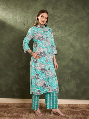 Aqua Blue Floral Wood Button Kurta With Pants -Shae by SASSAFRAS