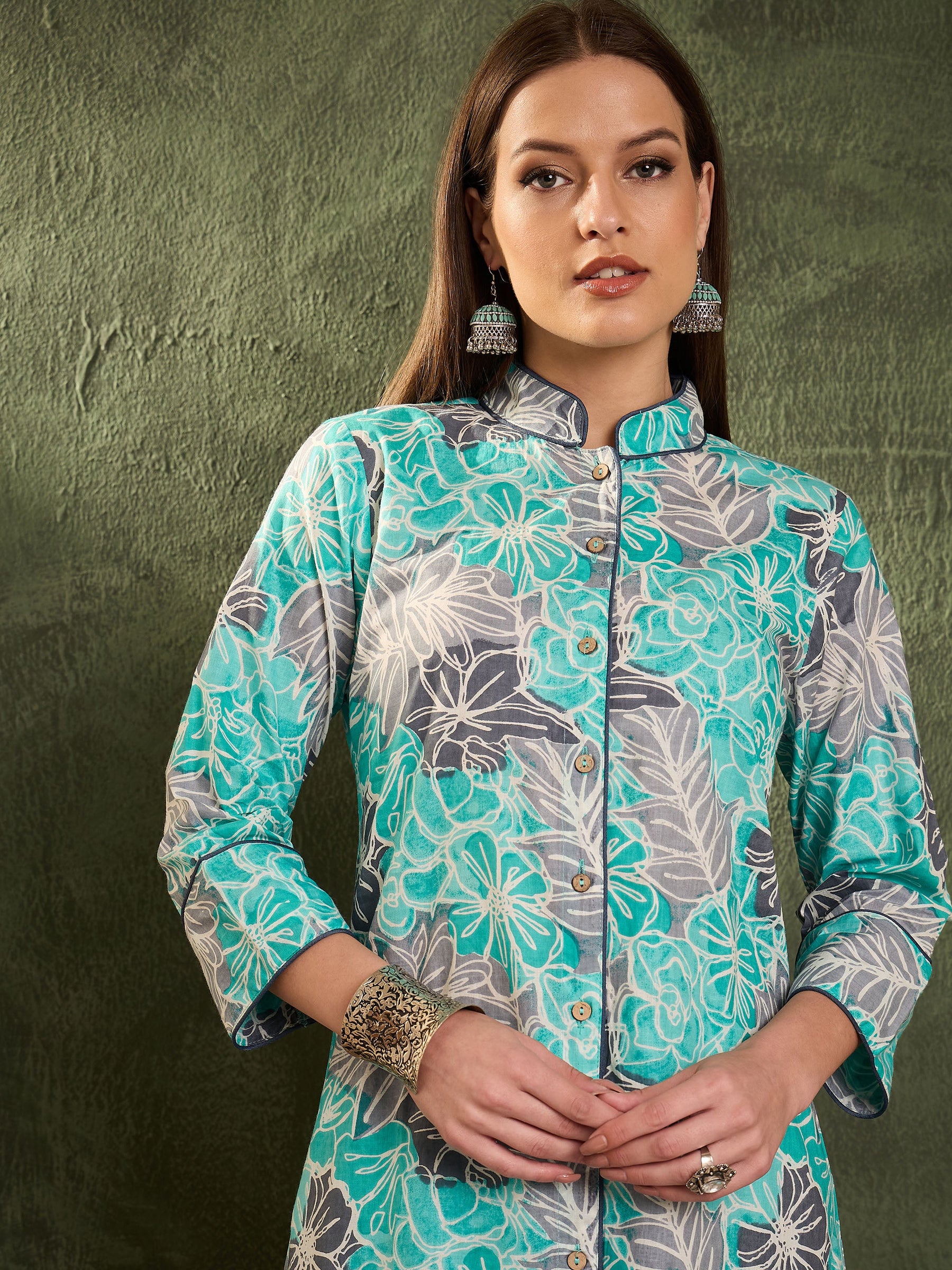 Aqua Blue Floral Wood Button Kurta With Pants -Shae by SASSAFRAS