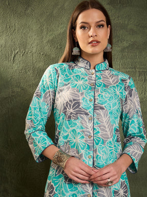 Aqua Blue Floral Wood Button Kurta With Pants -Shae by SASSAFRAS