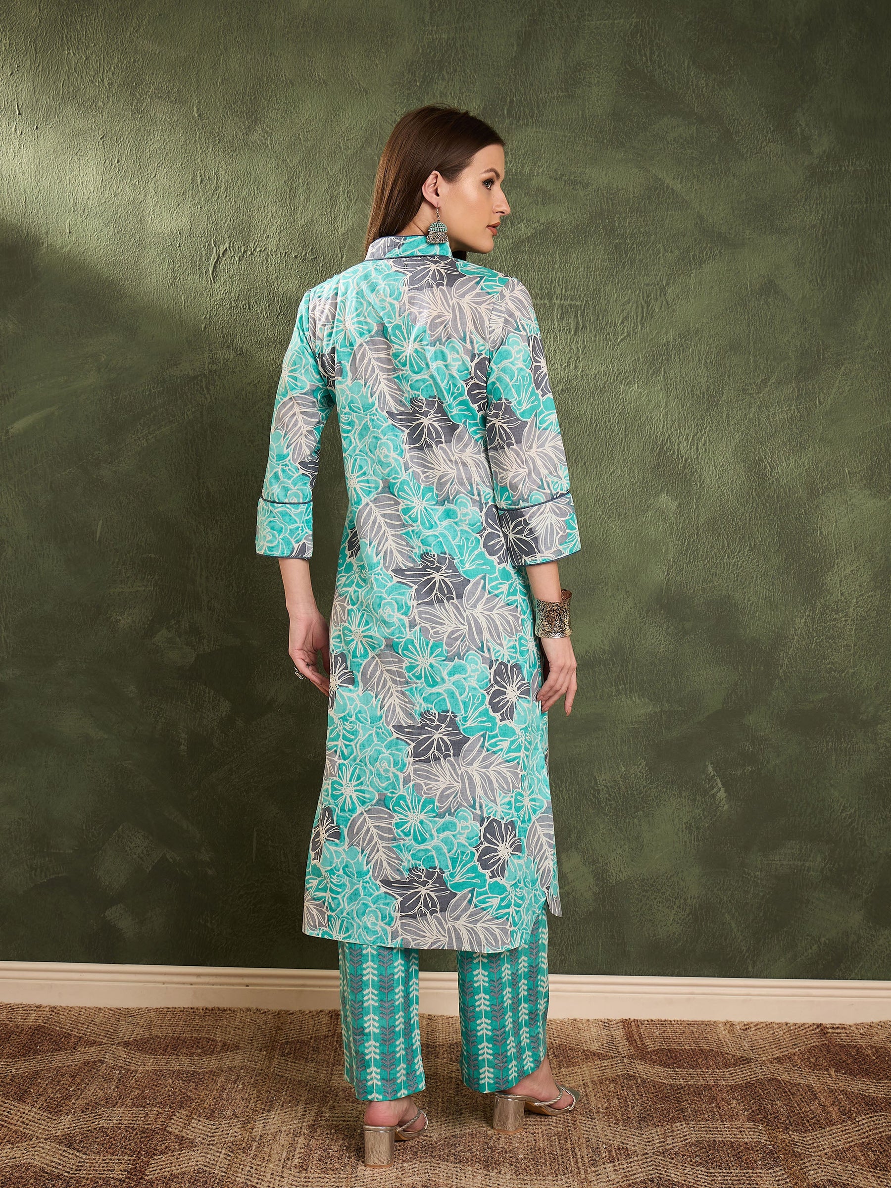 Aqua Blue Floral Wood Button Kurta With Pants -Shae by SASSAFRAS