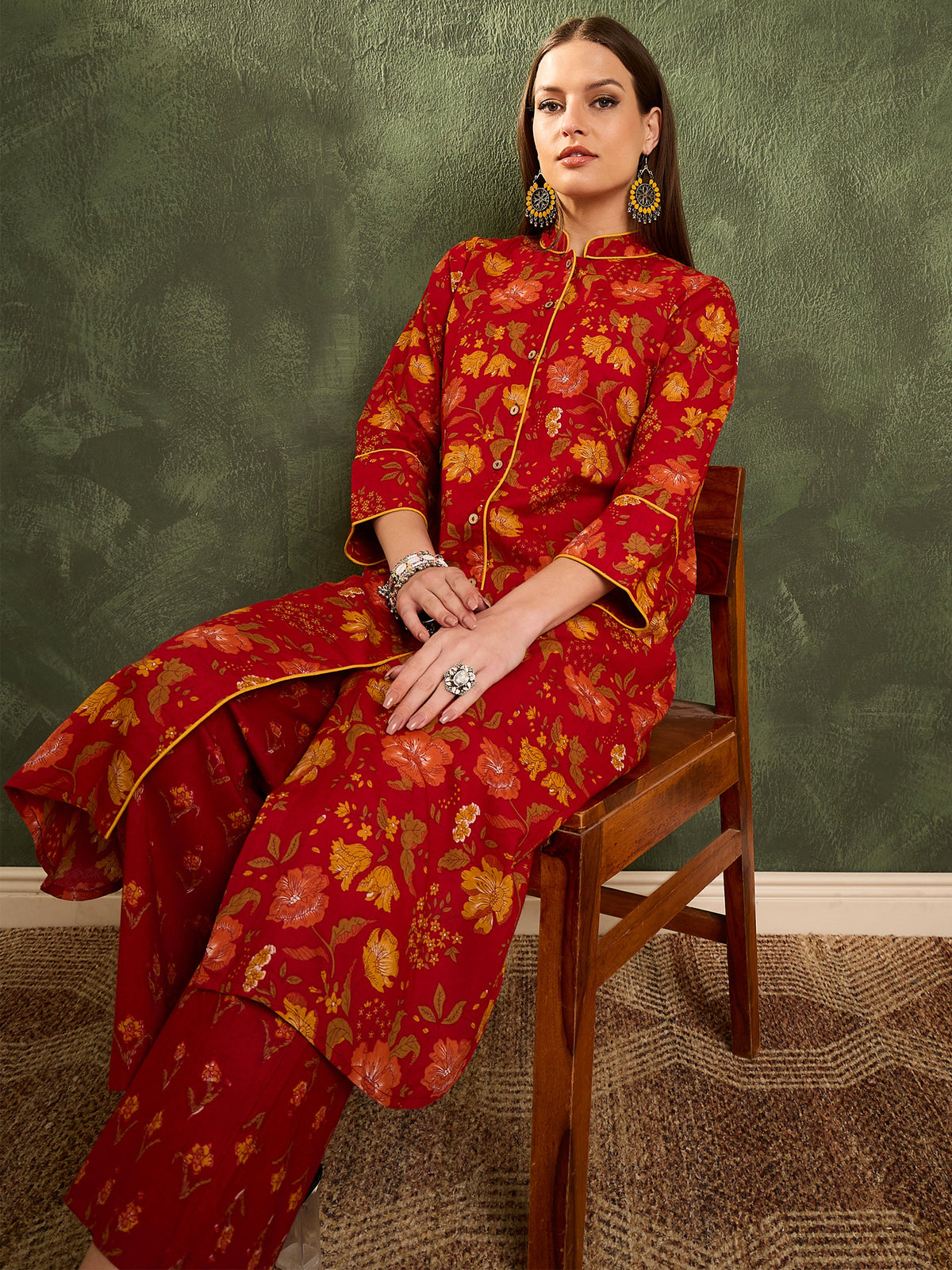 Maroon Floral Wood Button Kurta With Pants -Shae by SASSAFRAS