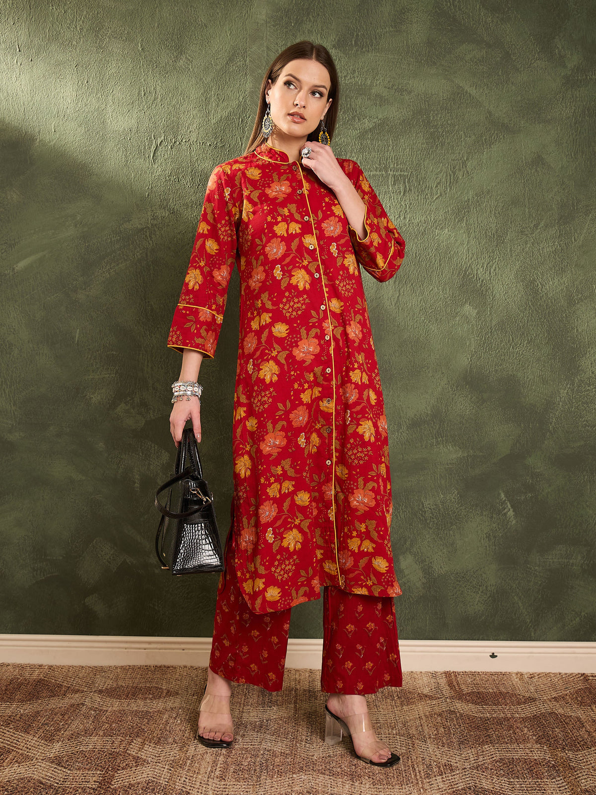 Maroon Floral Wood Button Kurta With Pants -Shae by SASSAFRAS