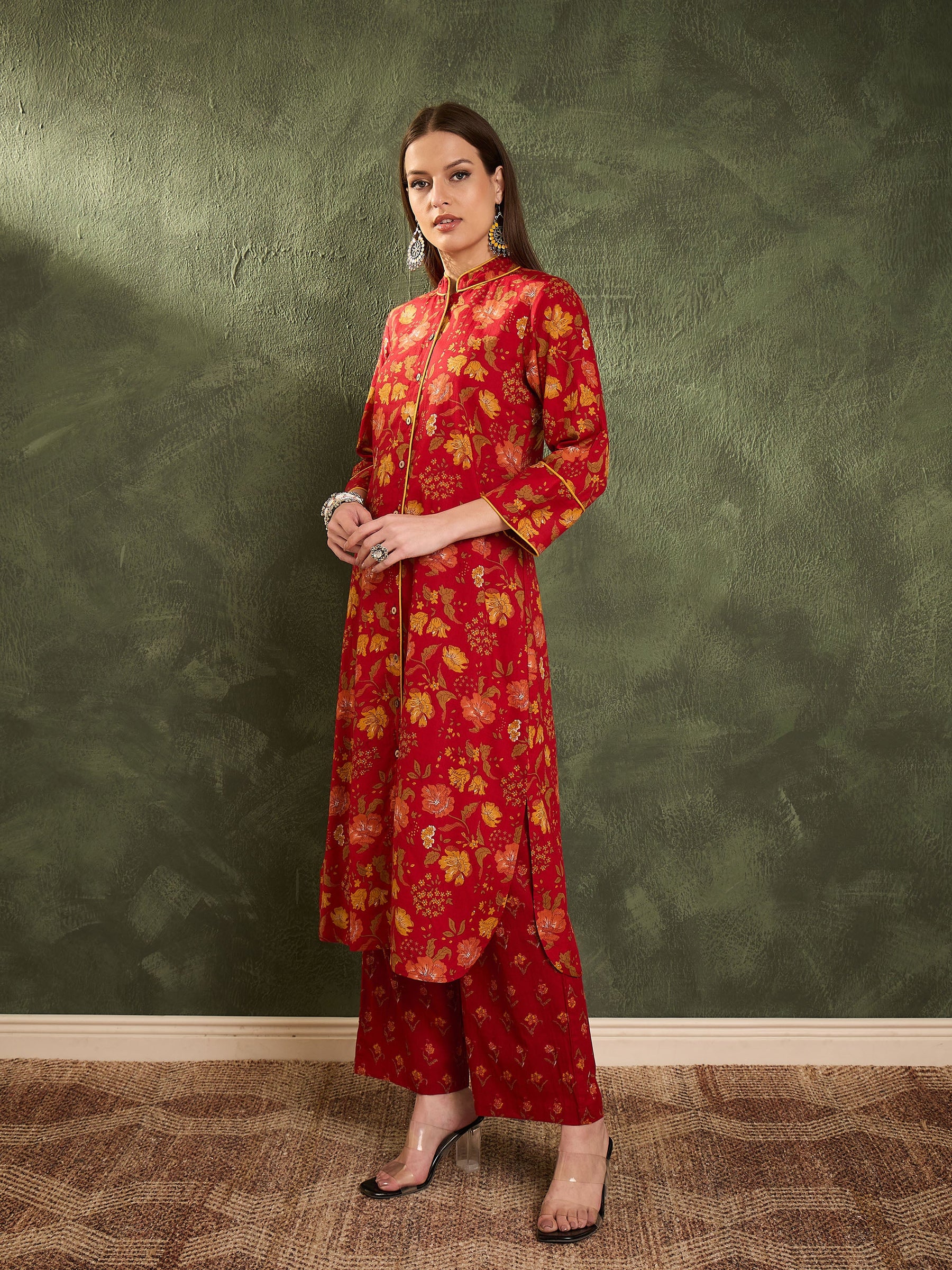 Maroon Floral Wood Button Kurta With Pants -Shae by SASSAFRAS