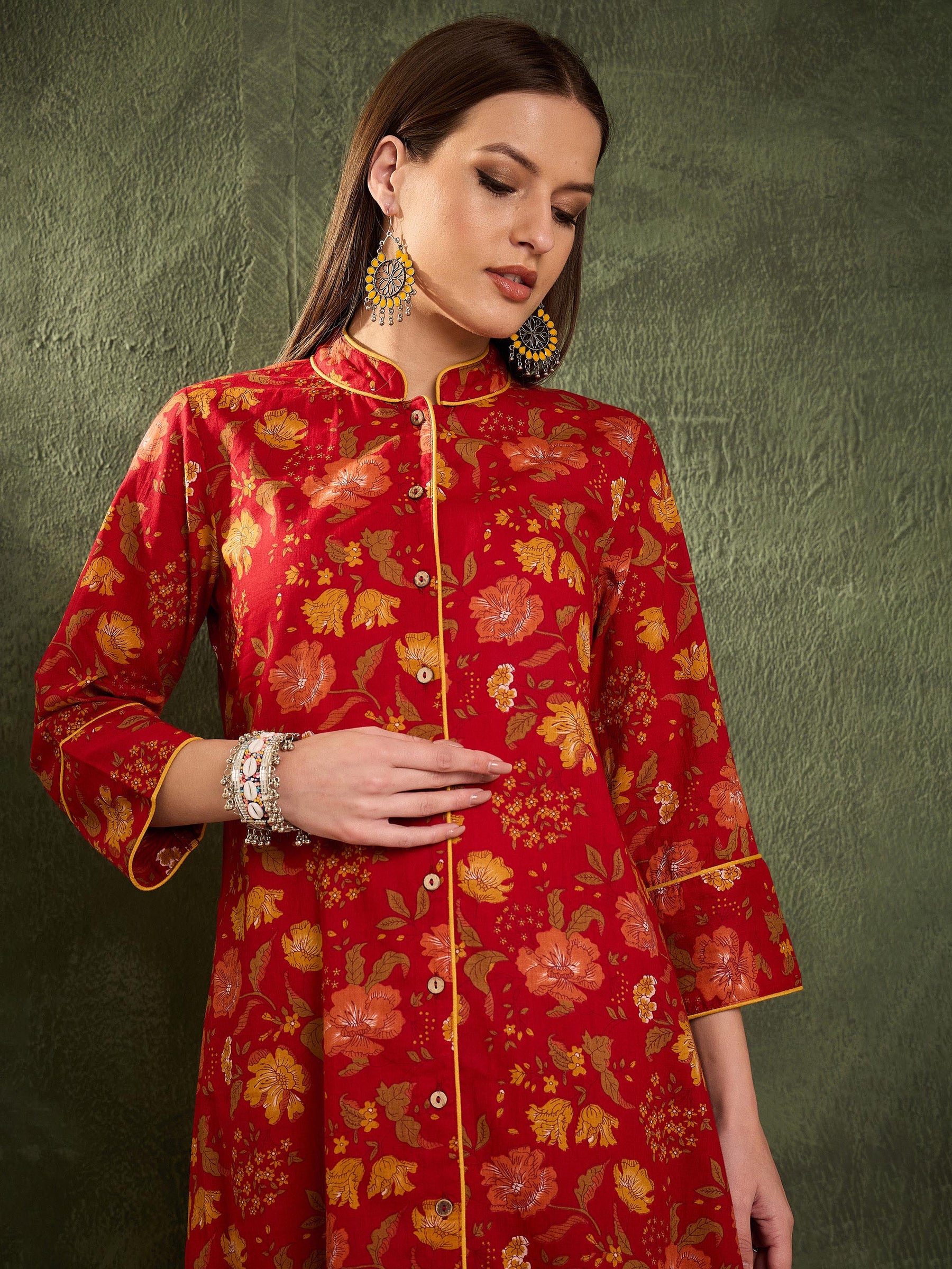 Maroon Floral Wood Button Kurta With Pants -Shae by SASSAFRAS