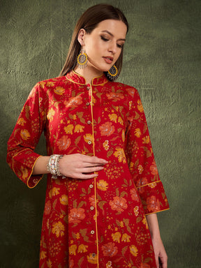 Maroon Floral Wood Button Kurta With Pants -Shae by SASSAFRAS