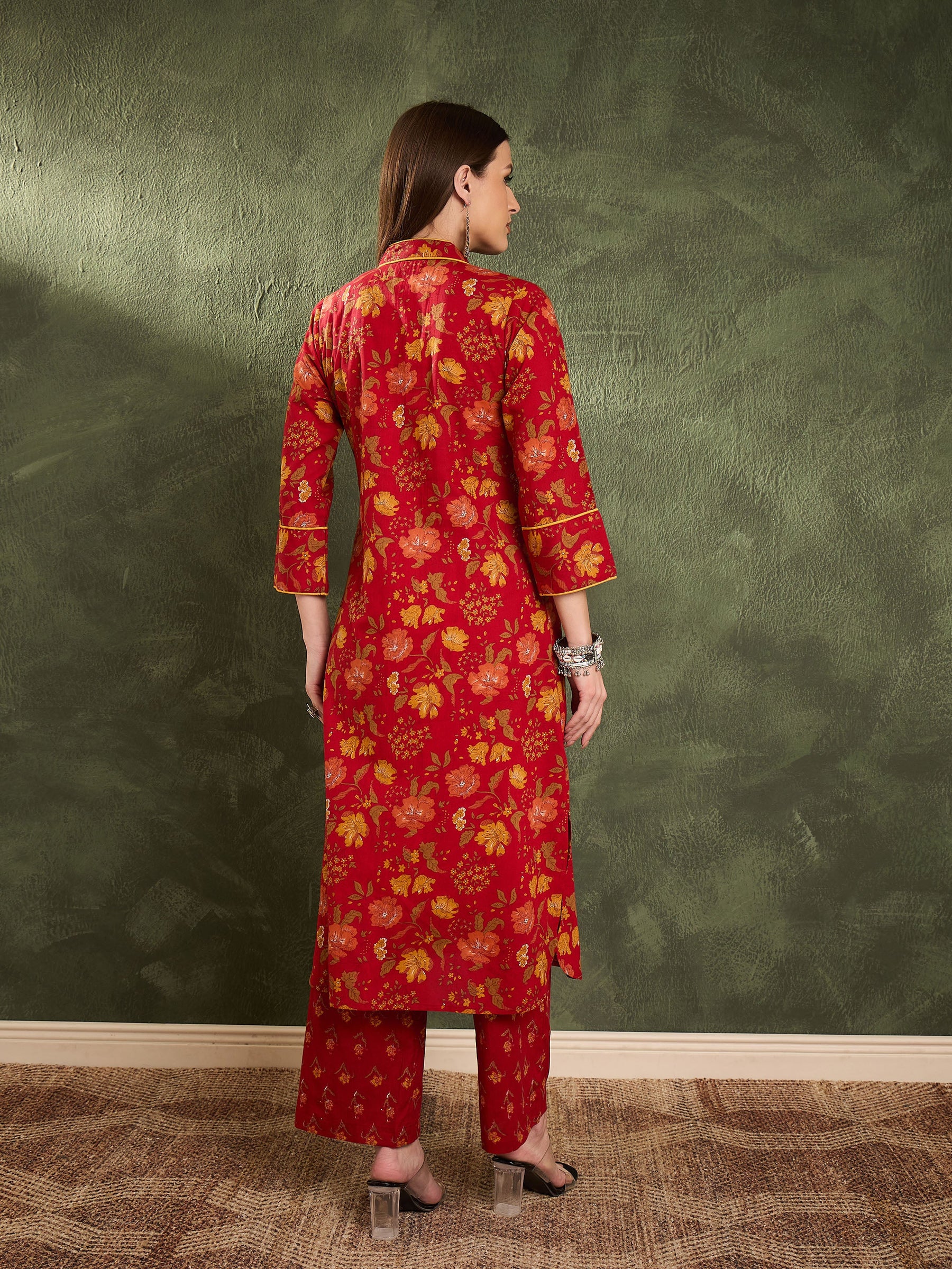 Maroon Floral Wood Button Kurta With Pants -Shae by SASSAFRAS
