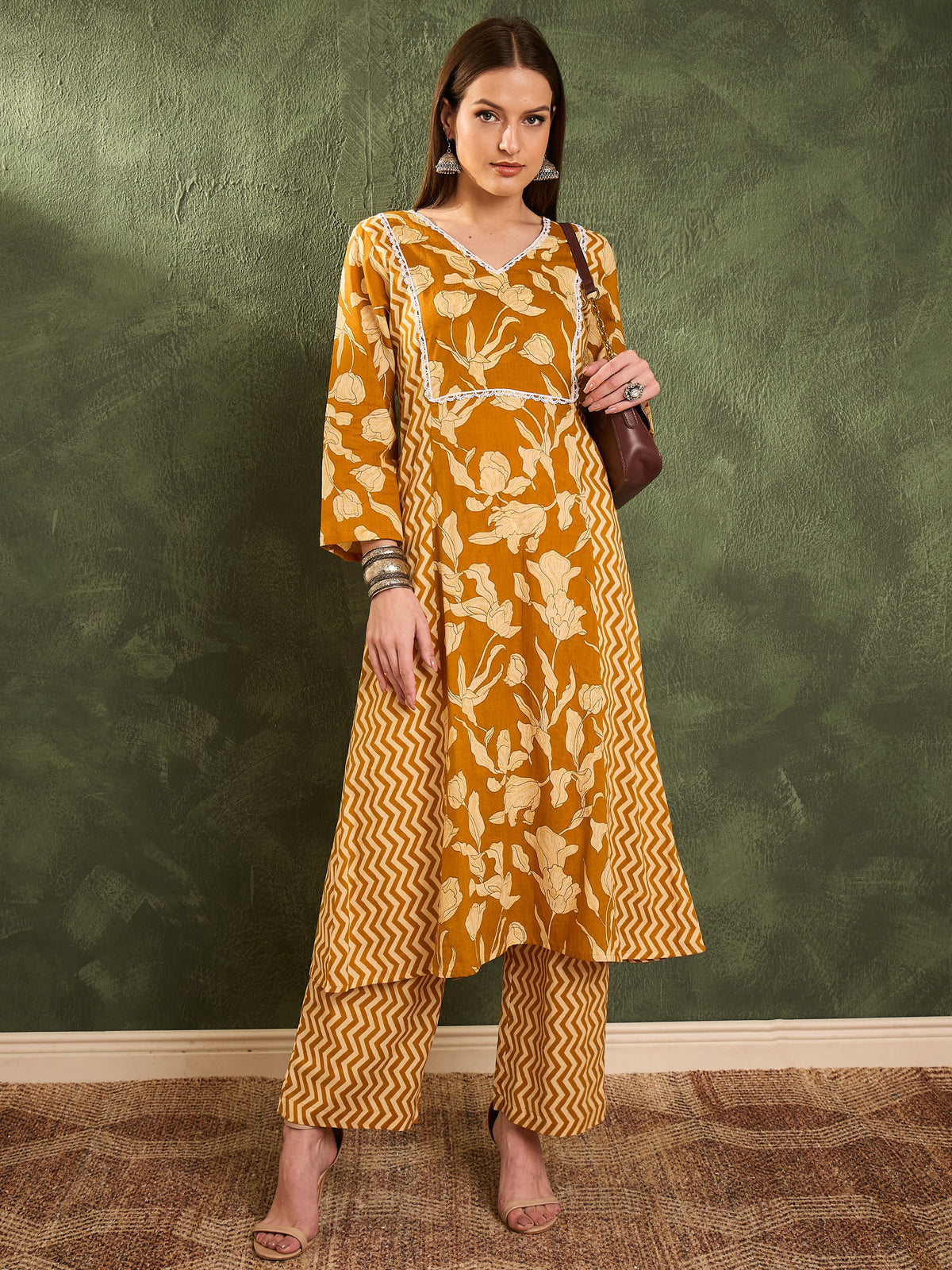 Mustard Floral Front Yoke Kurta With Pants -Shae by SASSAFRAS