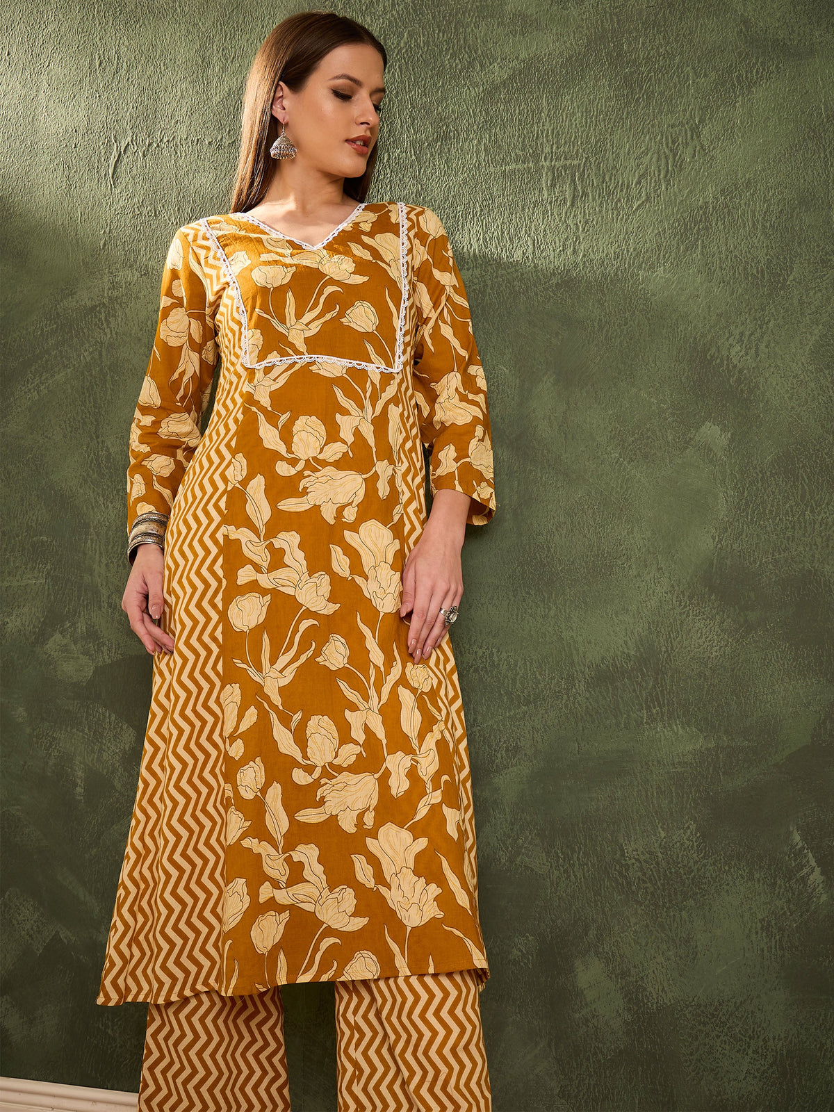 Mustard Floral Front Yoke Kurta With Pants -Shae by SASSAFRAS