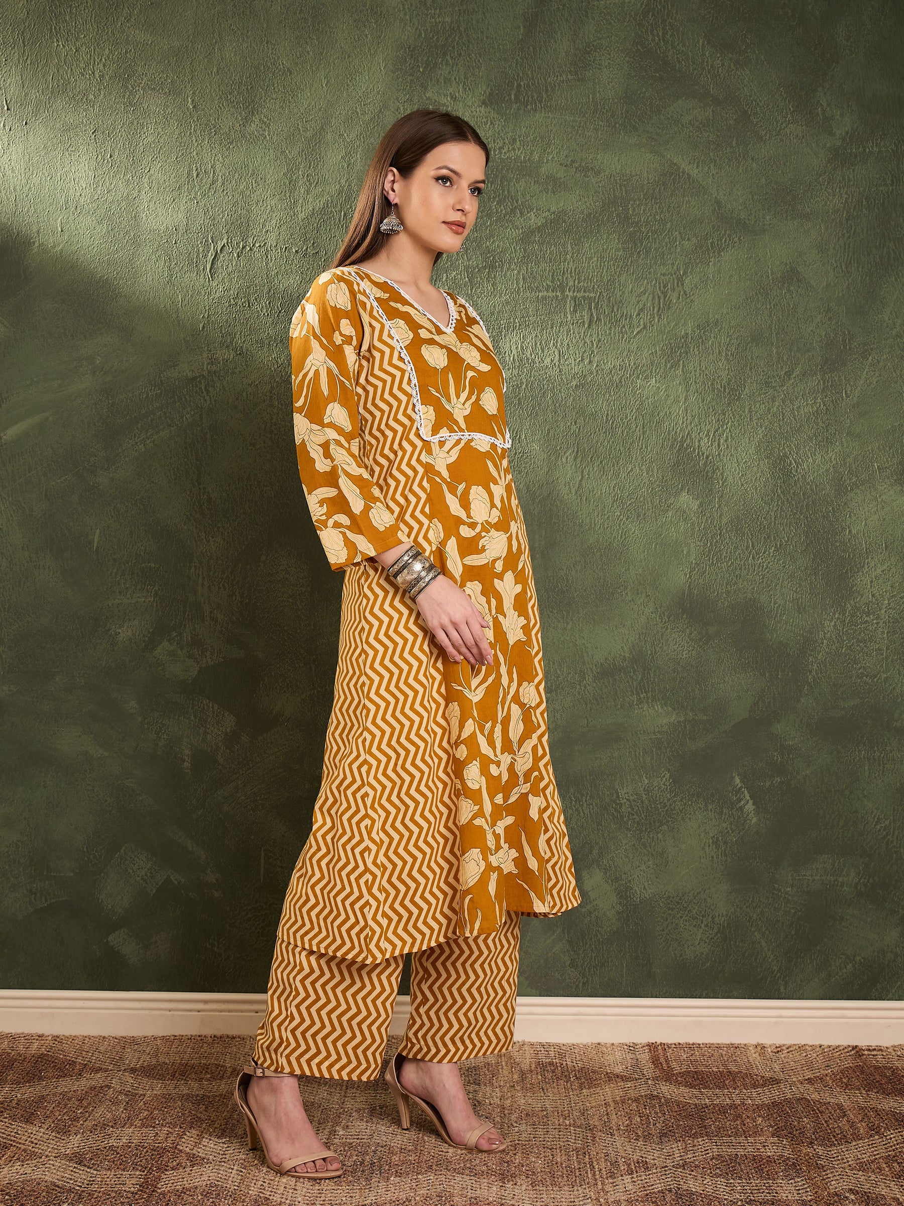 Mustard Floral Front Yoke Kurta With Pants -Shae by SASSAFRAS