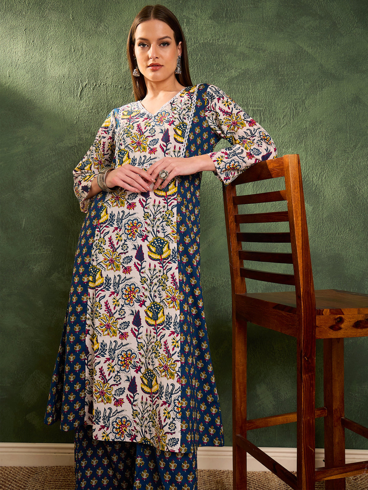 Blue Floral Front Yoke Kurta With Pants -Shae by SASSAFRAS