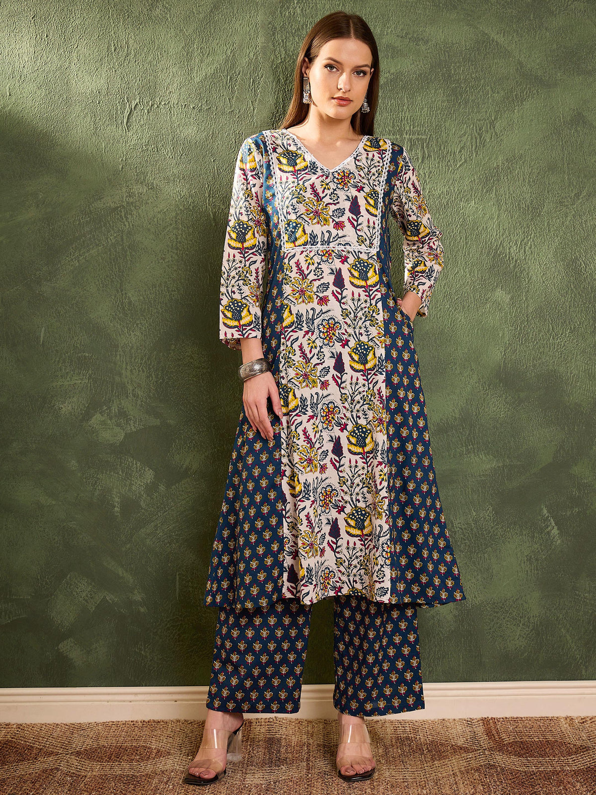 Blue Floral Front Yoke Kurta With Pants -Shae by SASSAFRAS
