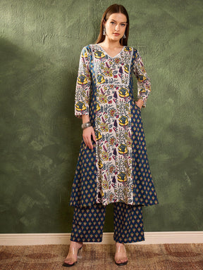 Blue Floral Front Yoke Kurta With Pants -Shae by SASSAFRAS