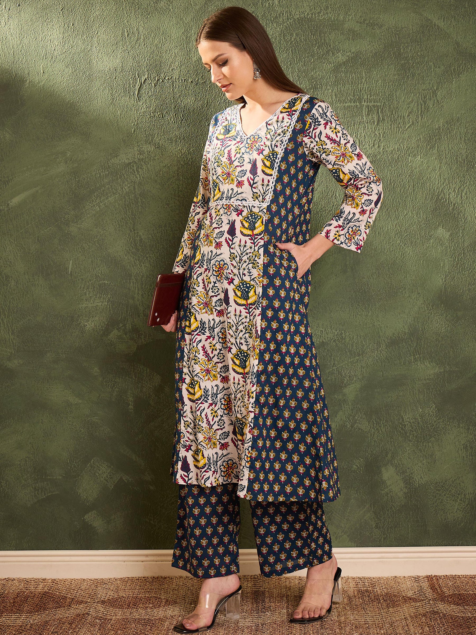 Blue Floral Front Yoke Kurta With Pants -Shae by SASSAFRAS