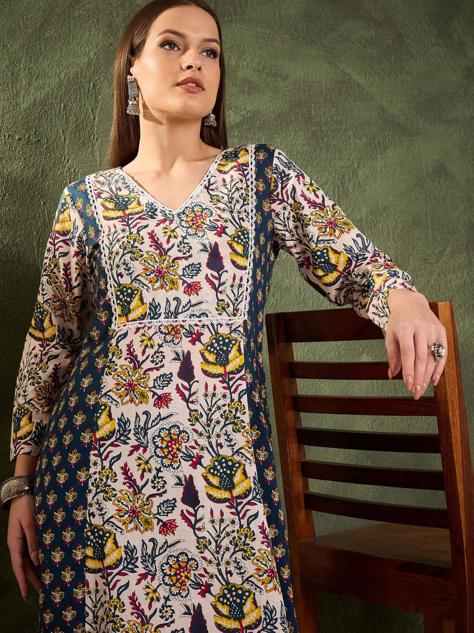 Blue Floral Front Yoke Kurta With Pants -Shae by SASSAFRAS