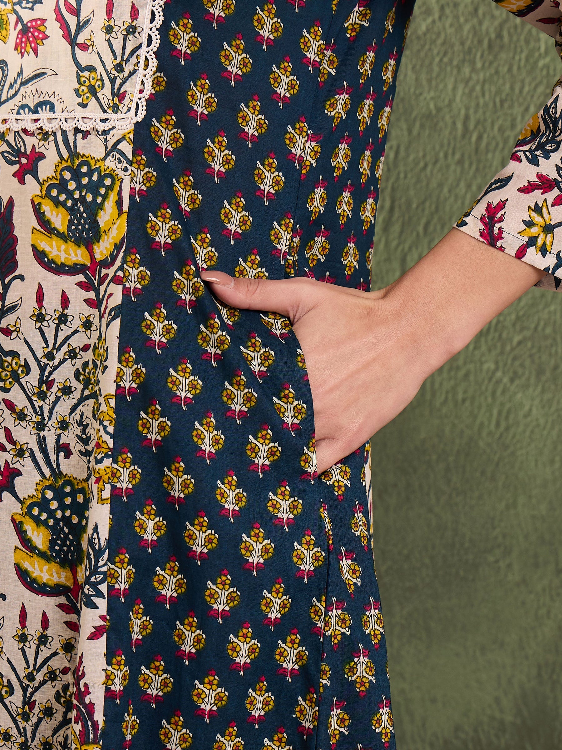 Blue Floral Front Yoke Kurta With Pants -Shae by SASSAFRAS