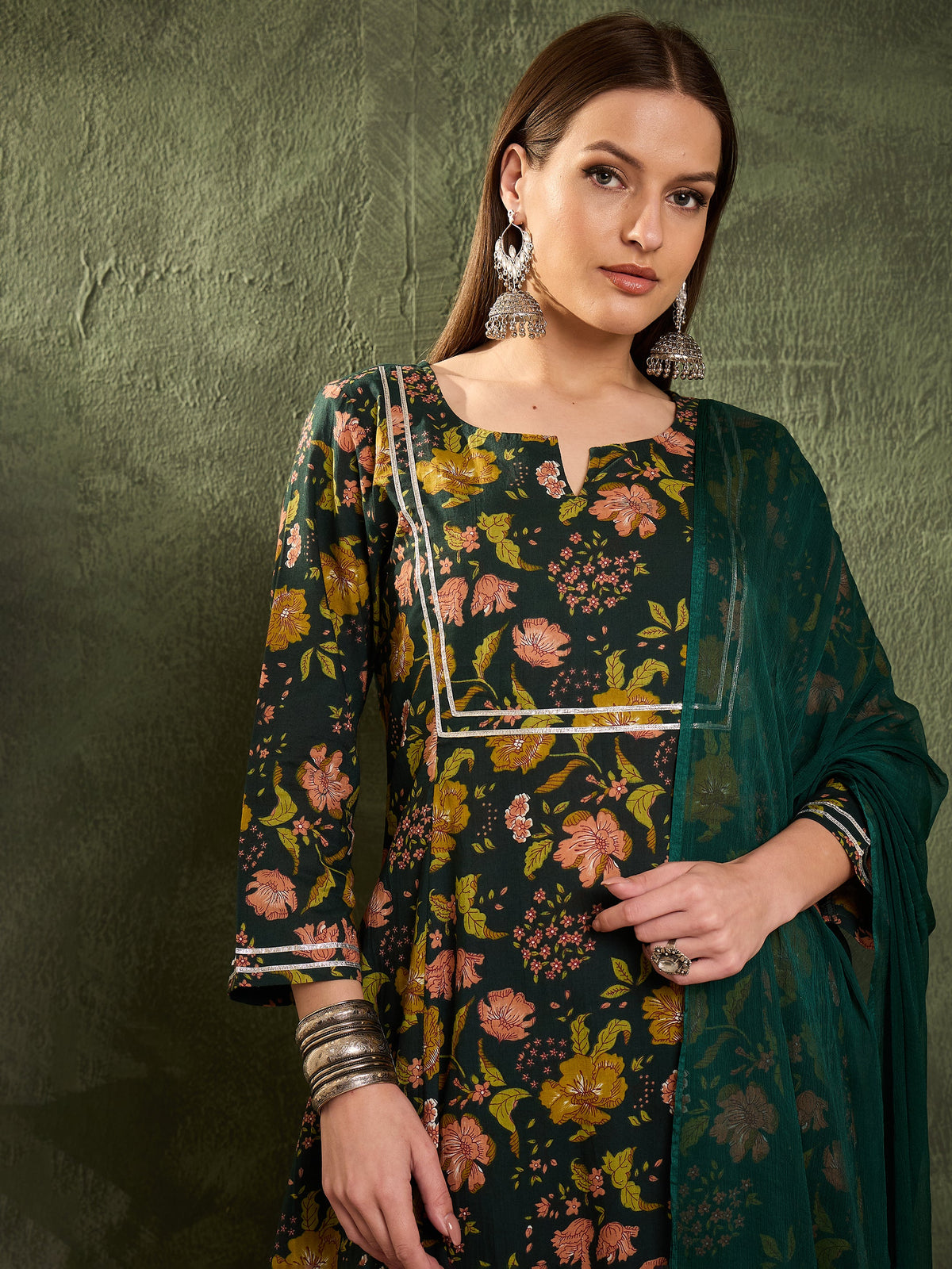Dark Green Floral Front Yoke Kurta Set with Dupatta-Shae by SASSAFRAS