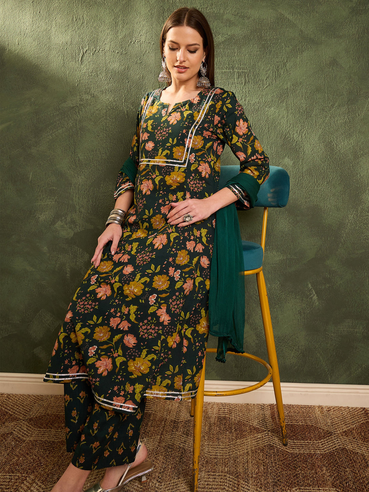 Dark Green Floral Front Yoke Kurta Set with Dupatta-Shae by SASSAFRAS