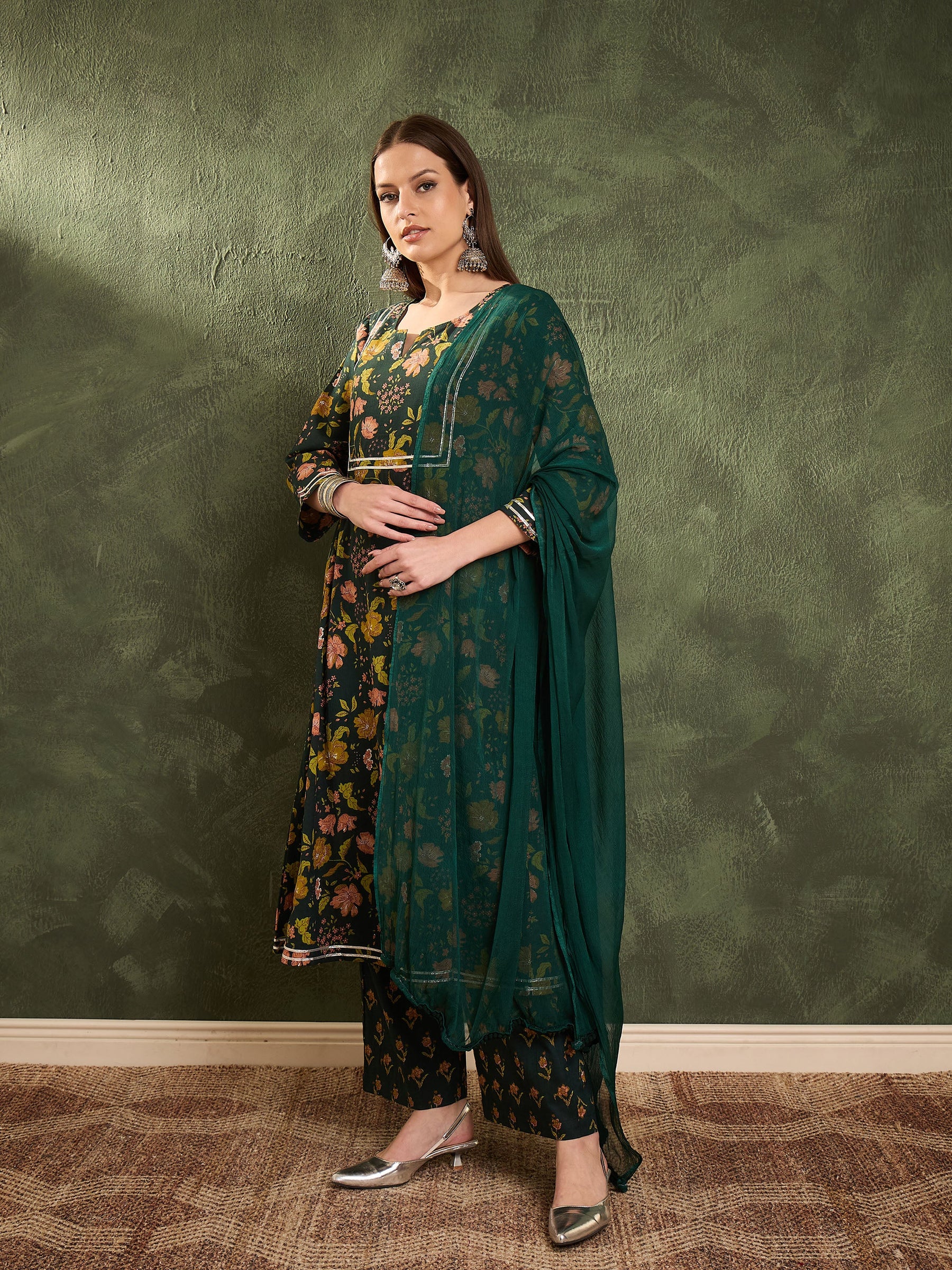 Dark Green Floral Front Yoke Kurta Set with Dupatta-Shae by SASSAFRAS