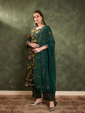 Dark Green Floral Front Yoke Kurta Set with Dupatta-Shae by SASSAFRAS