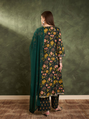 Dark Green Floral Front Yoke Kurta Set with Dupatta-Shae by SASSAFRAS