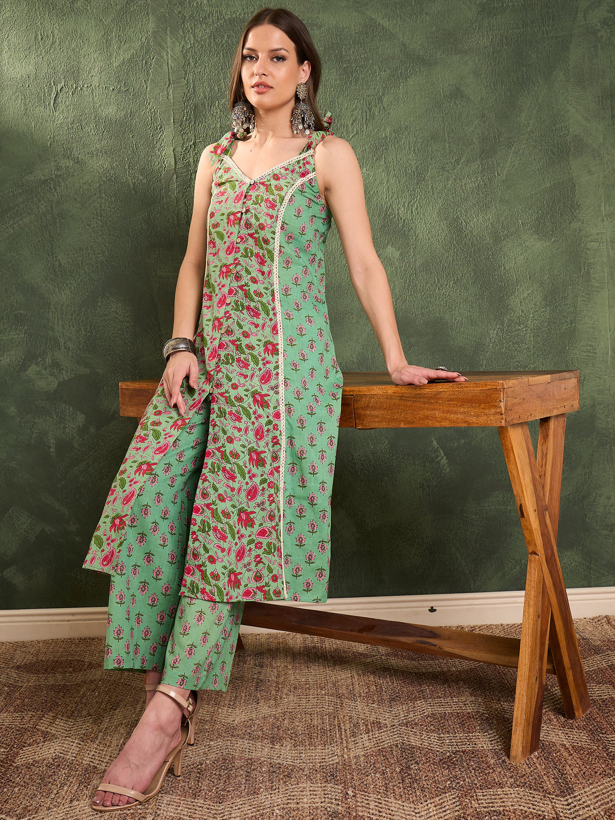 Green & Pink Floral Front Button Slit Kurta With Pants -Shae by SASSAFRAS