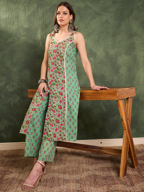 Green & Pink Floral Front Button Slit Kurta With Pants -Shae by SASSAFRAS