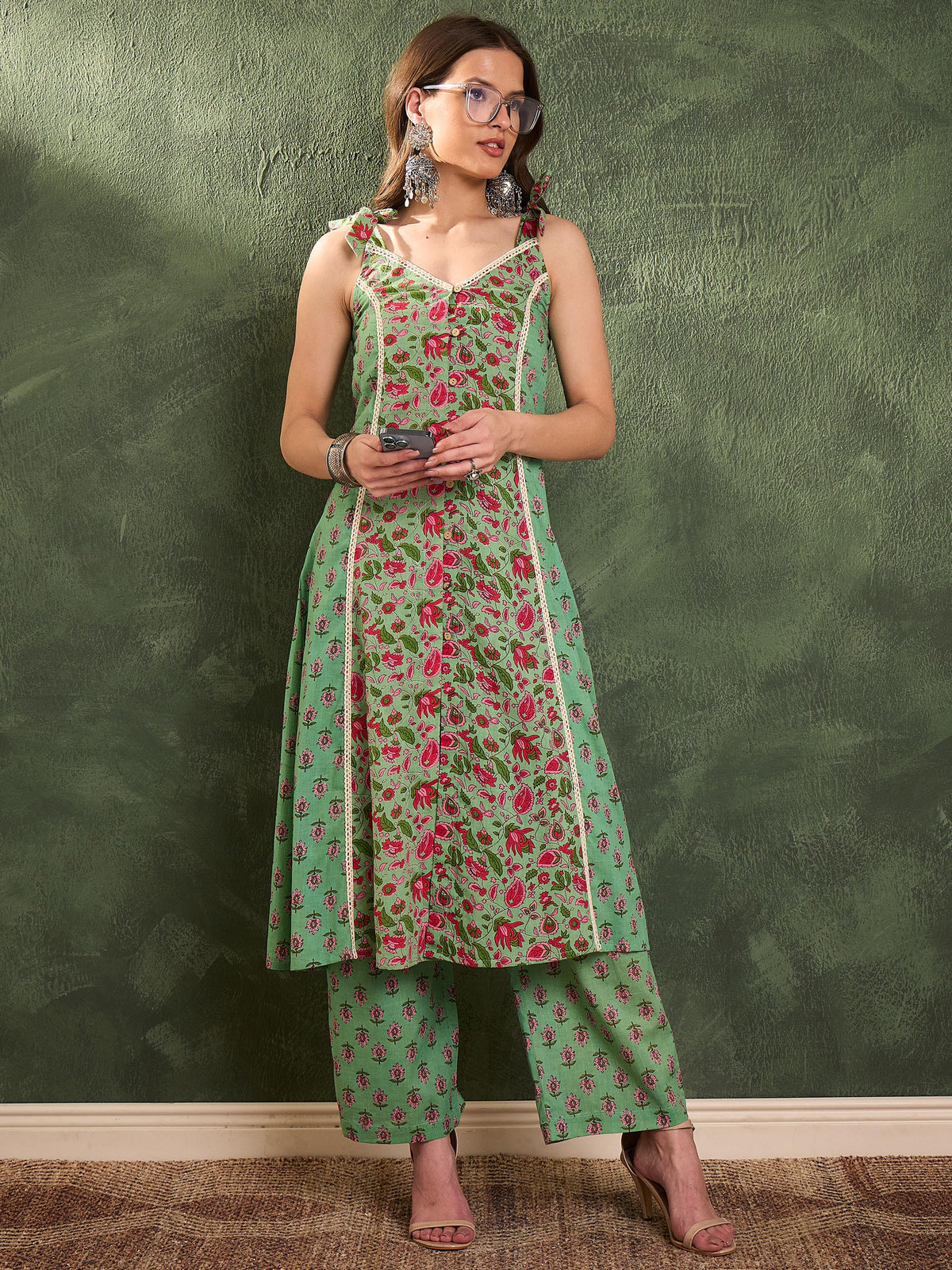 Green & Pink Floral Front Button Slit Kurta With Pants -Shae by SASSAFRAS